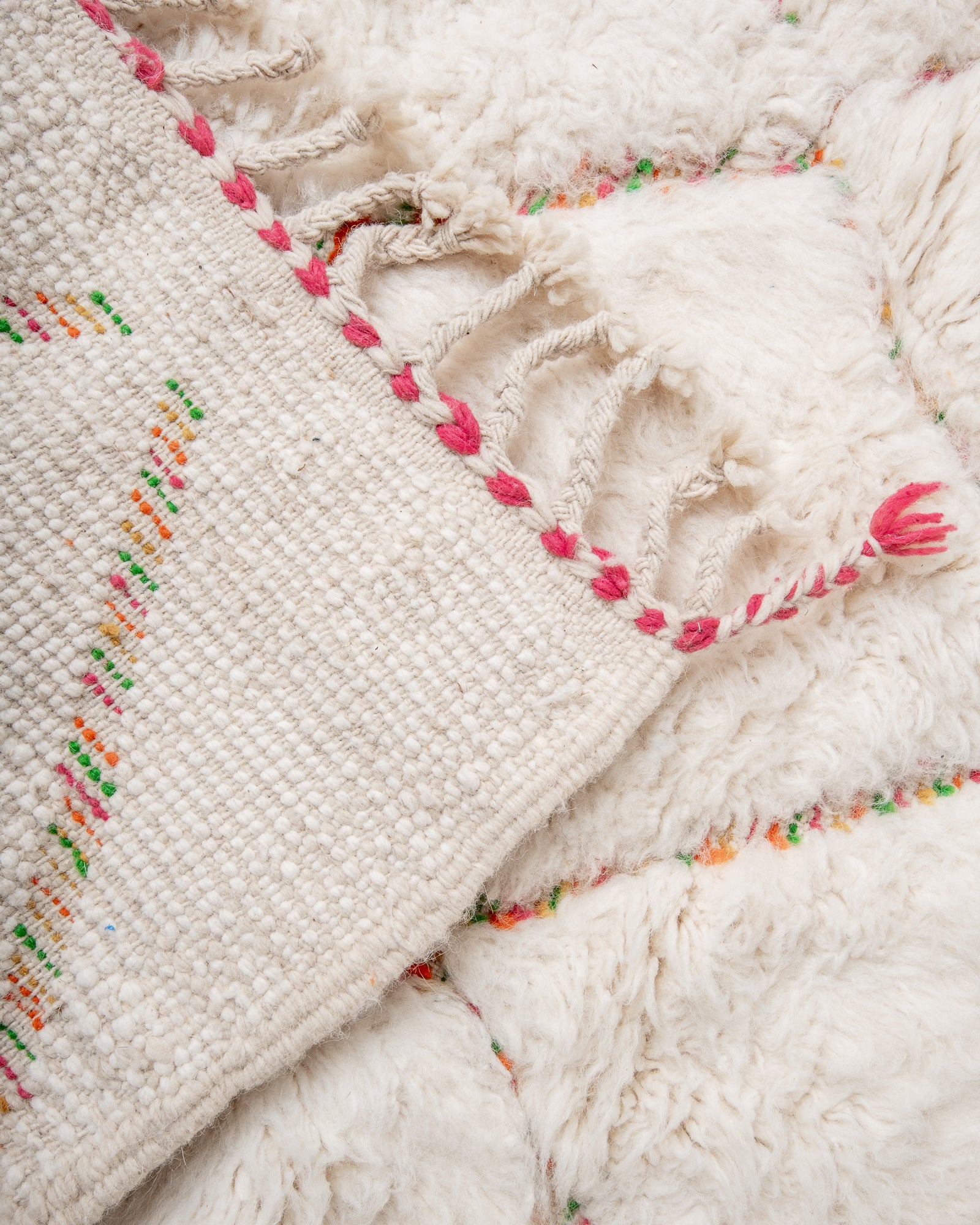 Modern, designer, handcrafted Berber rug from Morocco. Beniourain carpet with beautiful colours and patterns and fluffy wool texture.